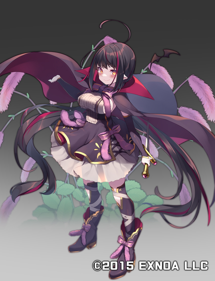1girl ahoge black_hair blush boots bow bowtie breasts cape commentary_request dagger detached_sleeves flower_knight_girl footwear_bow full_body gradient gradient_background grey_background highres karaitosou_(flower_knight_girl) knife large_breasts long_hair long_sleeves multicolored_hair official_art pointy_ears purple_bow redhead see-through_silhouette smirk solo standing streaked_hair thigh-highs usamata very_long_hair weapon yellow_eyes