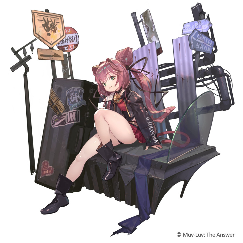 1girl :3 black_footwear black_jacket boots box bright_pupils cat_tail hair_cones highres immortals:_muvluv_alternative jacket leather leather_jacket long_hair looking_at_viewer muvluv muvluv_alternative official_art red_skirt road_sign sign sitting skirt smile so-taro solo tail tamase_miki twintails very_long_hair white_pupils