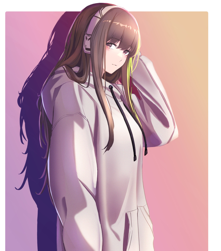 1girl 3_small_spiders absurdres bangs blush brown_eyes brown_hair closed_mouth eyebrows_visible_through_hair girls_frontline hand_on_head headphones highres hood hoodie long_hair looking_at_viewer m4a1_(girls'_frontline) multicolored_hair shadow simple_background smile solo upper_body white_hoodie