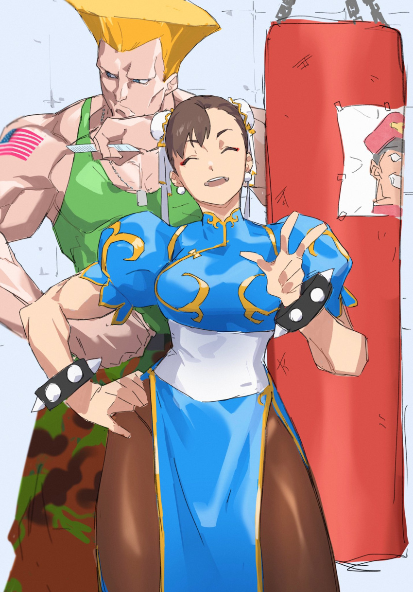 1boy 1girl american_flag blonde_hair blue_eyes bracelet brown_hair camouflage camouflage_pants china_dress chinese_clothes chun-li closed_eyes closed_mouth double_bun dress green_tank_top guile hat highres jewelry looking_to_the_side muscular muscular_female muscular_male open_mouth pants pantyhose pretty-purin720 punching_bag red_headwear smile spiked_bracelet spikes tank_top tattoo v vega