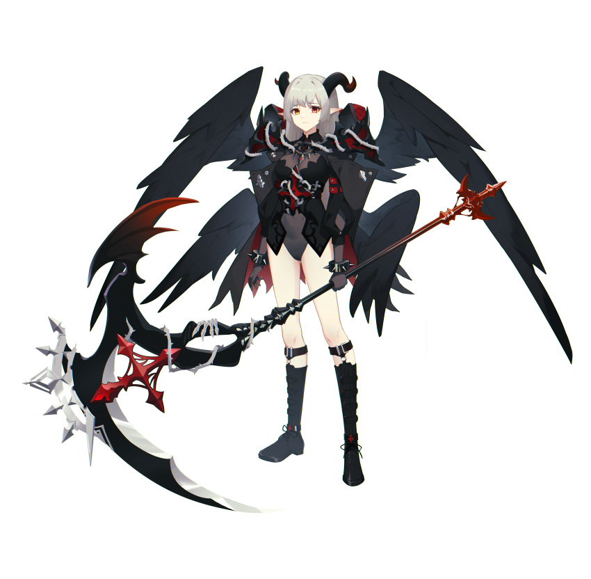 1girl absurdres armor arms_at_sides belt_boots black_footwear black_wings bone boots bracelet coffee cross curled_horns eye_print full_body gloves grey_gloves grey_hair grey_leotard heiyizhushenxia highres holding holding_scythe holding_weapon horns jewelry knee_boots layered_clothing legs_apart leotard long_sleeves looking_at_viewer low_wings medium_hair multiple_wings orange_eyes original pointy_ears red_eyes scythe simple_background sock_garters solo spiked_bracelet spikes standing weapon white_background wings