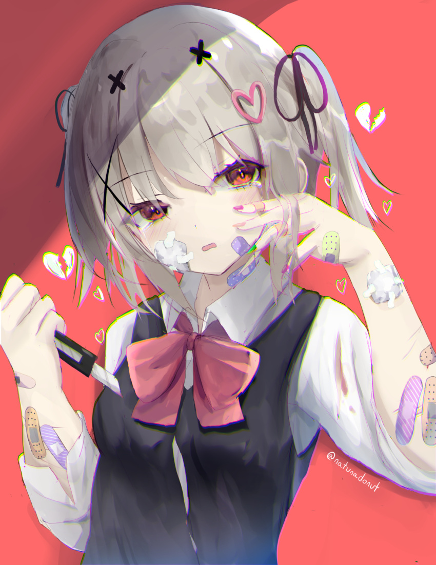 1girl bandaid bandaid_on_arm bangs black_ribbon black_vest blood blood_on_clothes boxcutter broken_heart collared_shirt commentary_request cuts eyebrows_visible_through_hair grey_hair hair_between_eyes hair_ornament hair_ribbon hands_up head_tilt heart heart_hair_ornament highres holding injury natuna_natu original parted_lips red_background red_eyes ribbon school_uniform shirt short_sleeves solo twintails twitter_username upper_body vest wavy_mouth white_shirt x_hair_ornament