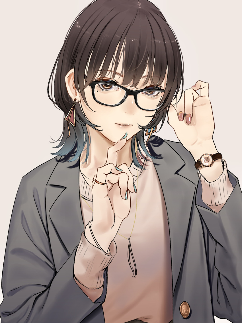 1girl absurdres aqua_nails bangs beige_sweater brown_eyes brown_hair colored_tips commentary_request dangle_earrings earrings glasses grey_jacket highres jacket jewelry looking_at_viewer mole mole_under_eye multicolored_hair nail_polish original ring saitou_(lynx-shrike) watch