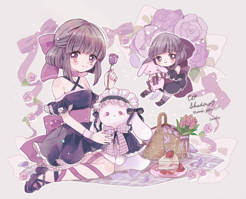 1girl bangs blush bow brown_hair cake cake_slice chibi choker commission commissioner_upload criss-cross_halter dress eyebrows_visible_through_hair fallenshadow flat_chest flower food frills hair_bow halterneck highres holding holding_flower holding_stuffed_toy indie_virtual_youtuber looking_to_the_side nail_polish object_hug on_floor picnic picnic_basket pink_bow pink_eyes pink_nails pink_ribbon pleated_skirt rabbit ribbon short_hair sidelocks single_thighhigh sitting skeb_commission skirt smile solo solo_focus stuffed_toy sunflower-m thigh-highs virtual_youtuber