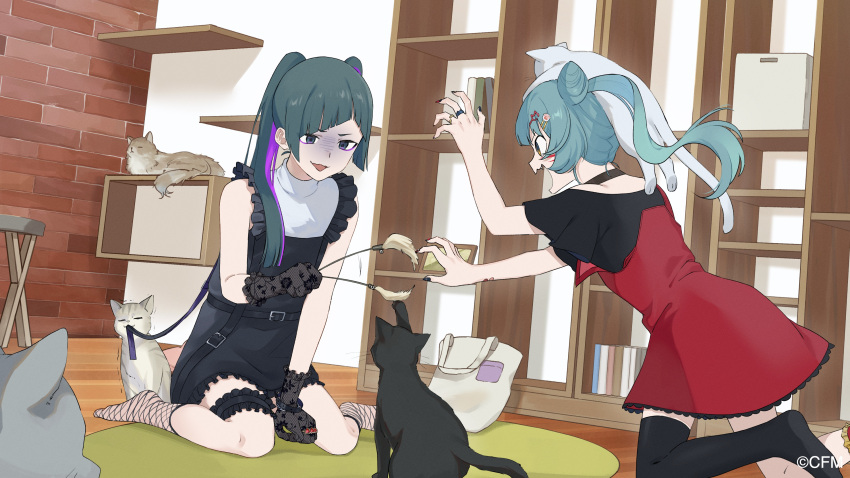 2girls :3 :d absurdres animal_(vocaloid) animal_on_head aqua_hair bag black_cat black_dress black_gloves black_legwear black_shirt blue_eyes blue_hair bookshelf carpet cat cat_cafe cat_on_head cattail commentary_request dress facial_mark fishnet_legwear fishnets gloves hair_cones hatsune_miku highres indoors lace lace_gloves leg_garter long_hair multicolored_hair multiple_girls on_head open_mouth parasite_(vocaloid) plant purple_hair red_dress rozu_ki shirt short_sleeves single_thighhigh sitting sleeveless sleeveless_dress smile socks t-shirt thigh-highs twintails two-tone_hair very_long_hair vocaloid wariza