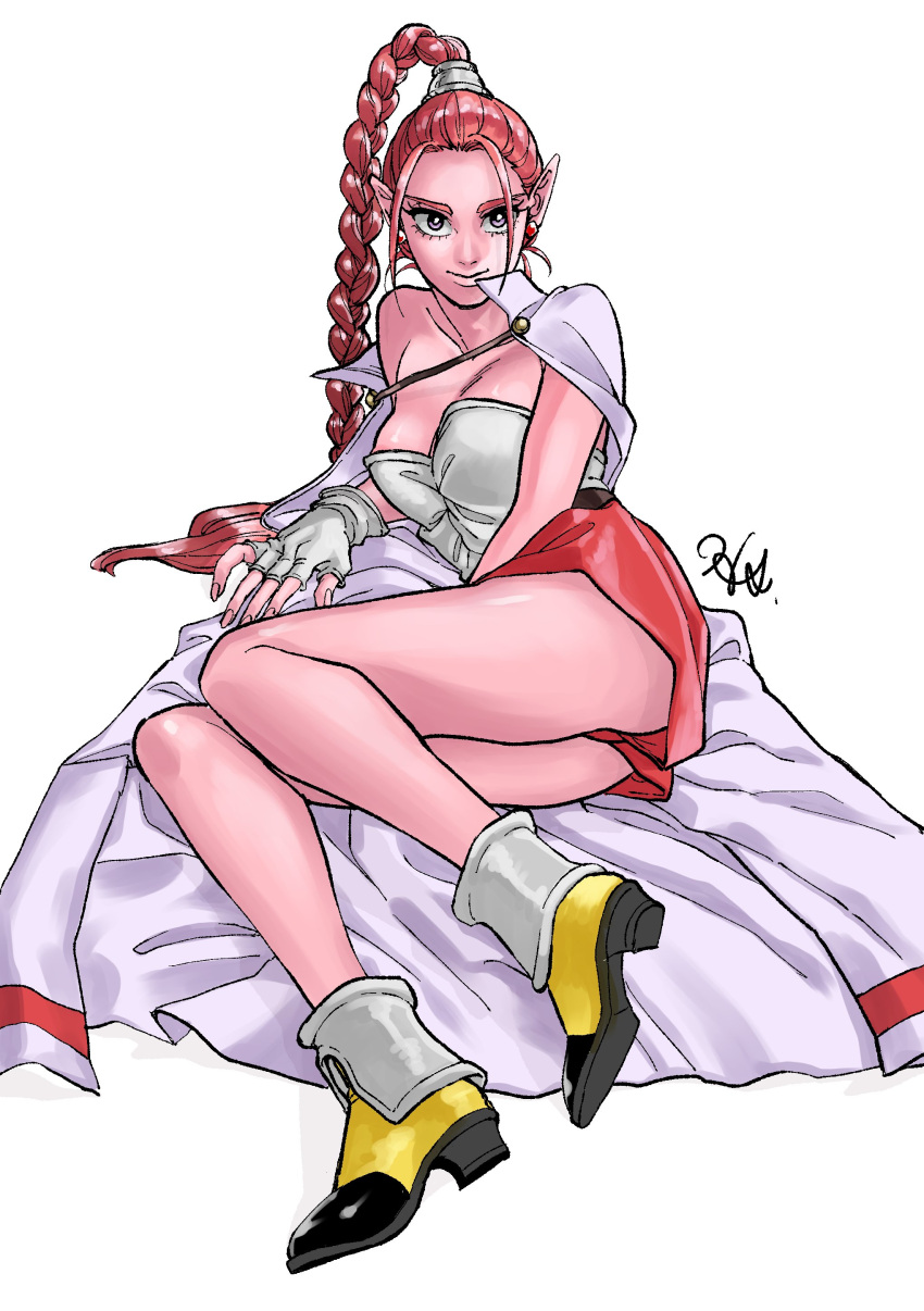 1girl absurdres braid breasts chrono_trigger closed_mouth colored_skin earrings fingerless_gloves flea_(chrono_trigger) full_body gloves highres hikari_shibata jewelry long_hair looking_at_viewer pink_hair pink_skin pointy_ears simple_background single_braid smile solo white_background
