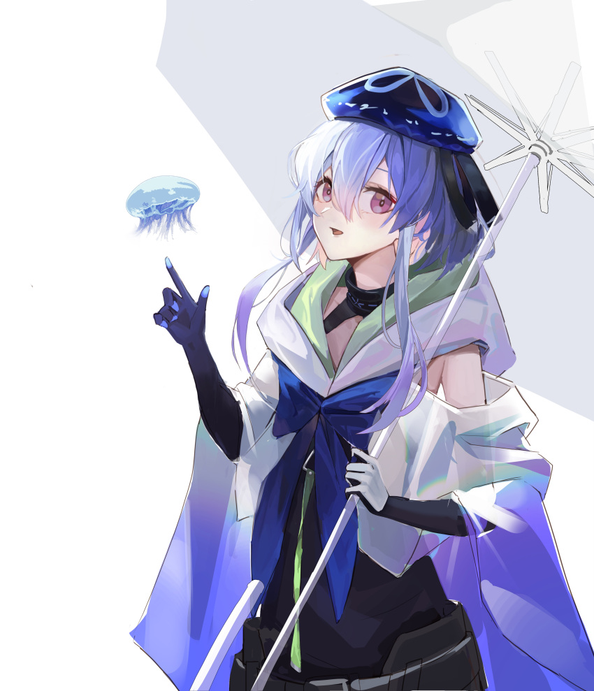 1boy absurdres arknights bangs beret blue_bow blue_hair bow commentary_request cowboy_shot detached_sleeves floating hair_between_eyes hat highres holding holding_umbrella infection_monitor_(arknights) jellyfish long_sleeves looking_at_viewer male_focus mizuki_(arknights) nlarou parted_lips pointing pointing_up see-through see-through_sleeves sidelocks simple_background solo transparent transparent_umbrella umbrella violet_eyes white_background wide_sleeves