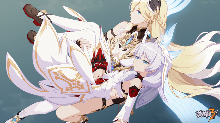 2girls armor bangs bare_shoulders bianka_durandal_ataegina bianka_durandal_ataegina_(palatinus_equinox) blonde_hair blue_eyes brown_footwear brown_gloves carrying carrying_person closed_mouth dress fingerless_gloves full_body gloves highres honkai_(series) honkai_impact_3rd long_hair looking_at_viewer multiple_girls official_art shoes side_ponytail single_thighhigh theresa_apocalypse theresa_apocalypse_(celestial_hymn) thigh-highs white_dress white_footwear white_legwear white_sleeves