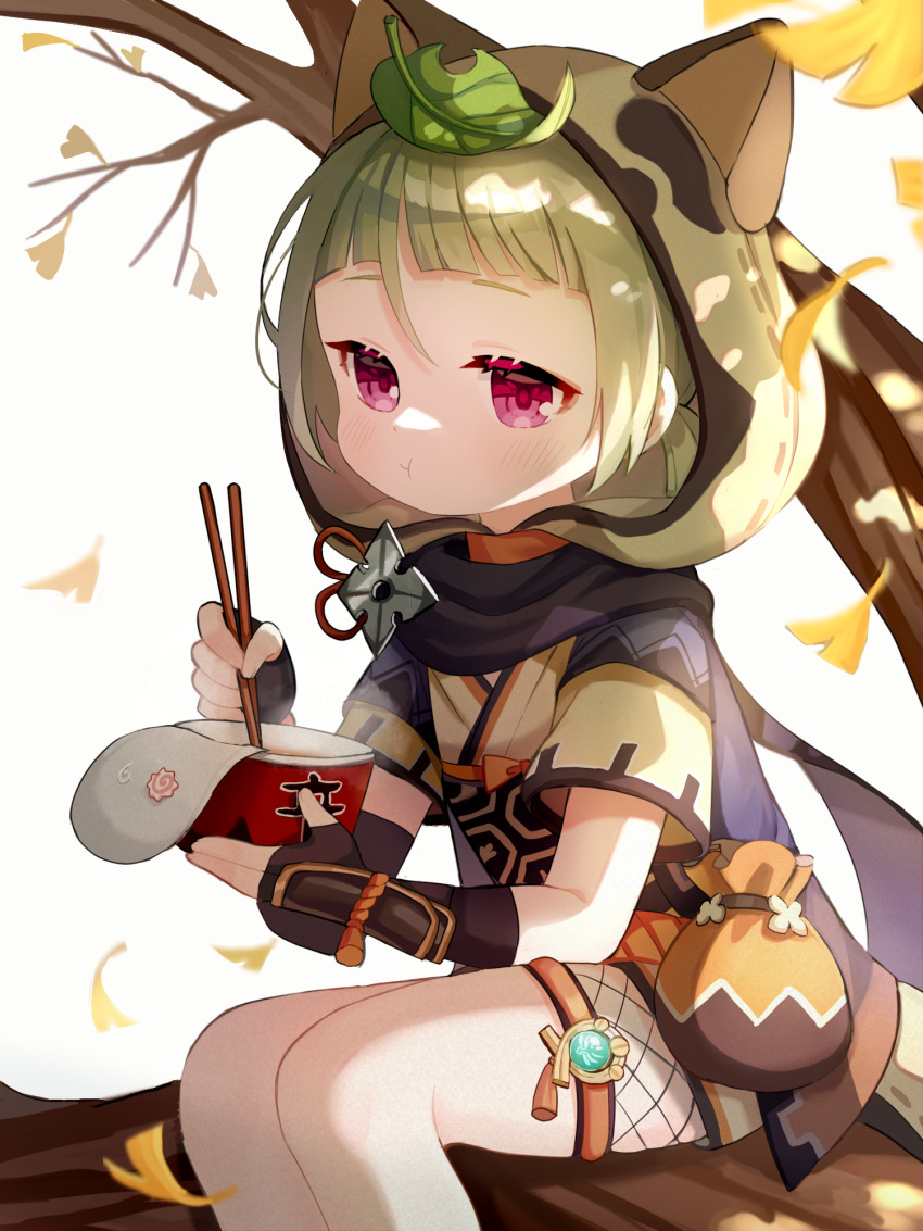1girl animal_ears animal_hood arm_guards bangs black_gloves black_scarf blunt_bangs blurry branch chopsticks commentary_request depth_of_field eating fake_animal_ears fake_tail fingerless_gloves fishnets genshin_impact ginkgo_leaf gloves grey_hair hair_between_eyes highres holding hood instant_ramen japanese_clothes leaf leaf_on_head looking_at_viewer miyako_draw ninja obi pouch raccoon_ears raccoon_hood raccoon_tail sash sayu_(genshin_impact) scarf short_hair shuriken sidelocks simple_background solo tail violet_eyes vision_(genshin_impact) weapon