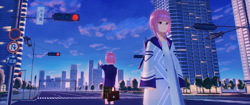 2girls bag blue_eyes blue_jacket blue_sky braid building city ckst closed_mouth clouds coat commentary_request crosswalk dress expressionless fuurin_sou green_skirt highres holding holding_bag jacket kaf_(kamitsubaki_studio) kamitsubaki_studio long_hair long_sleeves multicolored_eyes multiple_girls open_clothes open_coat outdoors pink_hair plaid red_eyes road_sign school_bag school_uniform sign skirt sky sleeves_past_wrists traffic_light tree twin_braids virtual_youtuber white_coat white_dress yellow_pupils
