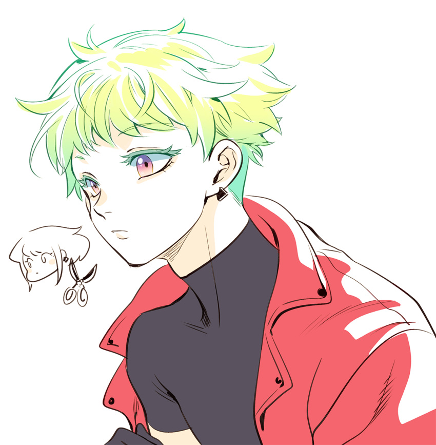 1boy 302 alternate_hair_length alternate_hairstyle colored_eyelashes earrings firefighter_jacket green_hair highres jacket jewelry lio_fotia male_focus messy_hair promare red_eyes red_jacket short_hair solo turtleneck violet_eyes