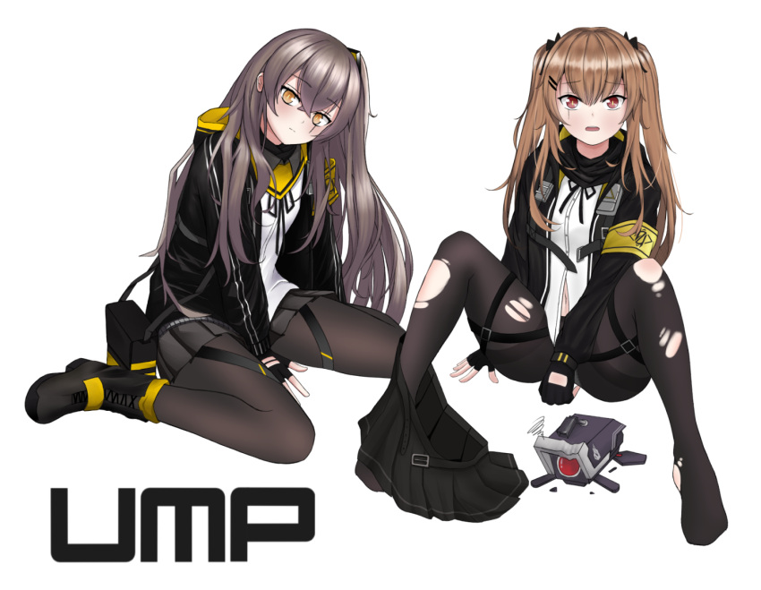 2girls bag bangs black_bag black_footwear black_gloves black_jacket black_legwear black_scarf black_skirt blush boots bow brown_hair character_name closed_mouth dinergate_(girls'_frontline) eyebrows_visible_through_hair full_body girls_frontline gloves hair_bow hair_ornament hairclip hand_on_floor holding holding_bag jacket light_brown_eyes long_hair looking_at_viewer multiple_girls no_shoes on_floor open_clothes open_jacket open_mouth paaam pantyhose partially_fingerless_gloves red_eyes scar scar_across_eye scarf shirt side_ponytail simple_background skirt skirt_removed spread_legs torn_clothes torn_legwear twintails ump45_(girls'_frontline) ump9_(girls'_frontline) weapon_removed white_background white_shirt