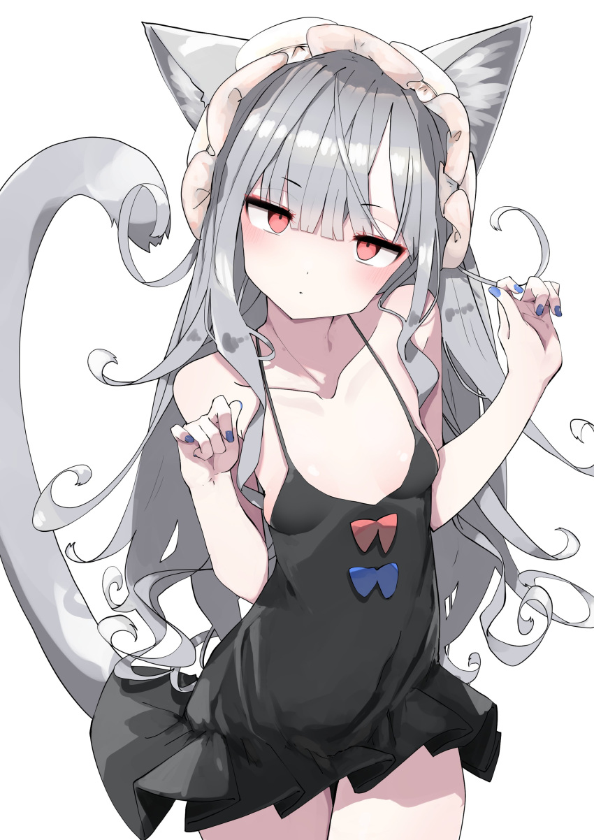 1girl absurdres animal_ears babydoll bangs blue_nails blush bonnet breasts cat_ears cat_girl cat_tail closed_mouth curly_hair gingerbullet grey_hair hair_between_eyes highres long_hair looking_at_viewer nail_polish original red_eyes simple_background small_breasts solo tail white_background