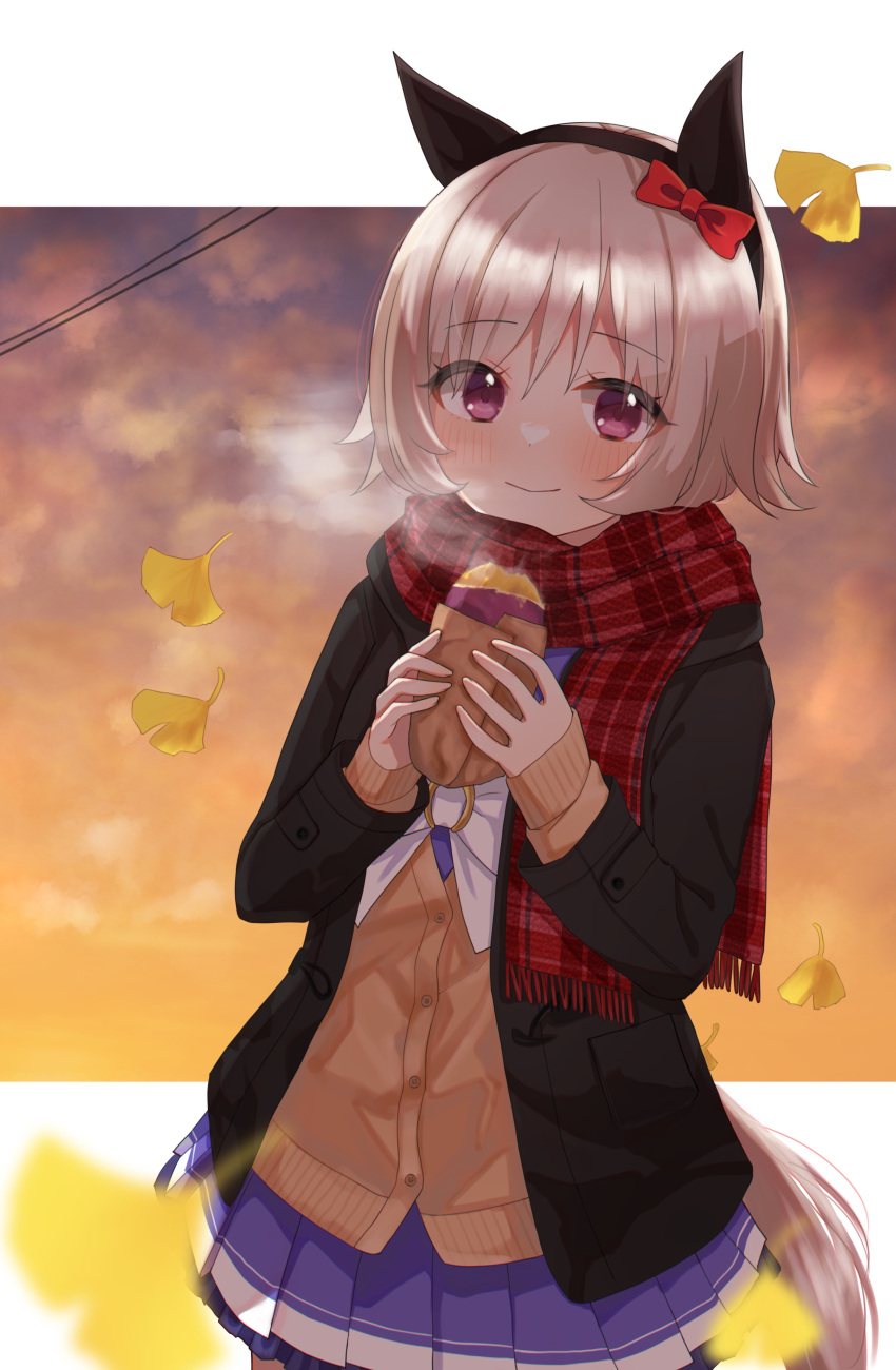1girl absurdres animal_ears autumn_leaves bangs black_jacket blazer blush bow brown_cardigan brown_hair cardigan closed_mouth commentary_request curren_chan_(umamusume) ear_bow etesumsom eyebrows_visible_through_hair food frilled_skirt frills fringe_trim ginkgo_leaf hair_between_eyes highres holding holding_food horse_ears horse_girl horse_tail jacket long_sleeves looking_at_viewer open_clothes open_jacket plaid plaid_scarf pleated_skirt purple_shirt purple_skirt red_bow red_scarf scarf school_uniform shirt skirt sleeves_past_wrists smile solo steam sunset sweet_potato tail tracen_school_uniform umamusume violet_eyes yakiimo