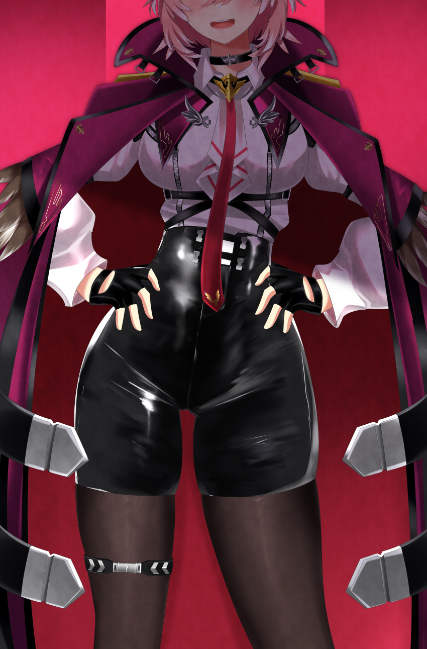 1girl absurdres bird_girl black_legwear black_shorts breasts choker coat coat_on_shoulders fingerless_gloves gloves head_wings high-waist_shorts highres hololive medium_breasts necktie out_of_frame pantyhose pink_hair reiei_8 shiny shiny_clothes shiny_hair short_hair shorts smile solo takane_lui virtual_youtuber