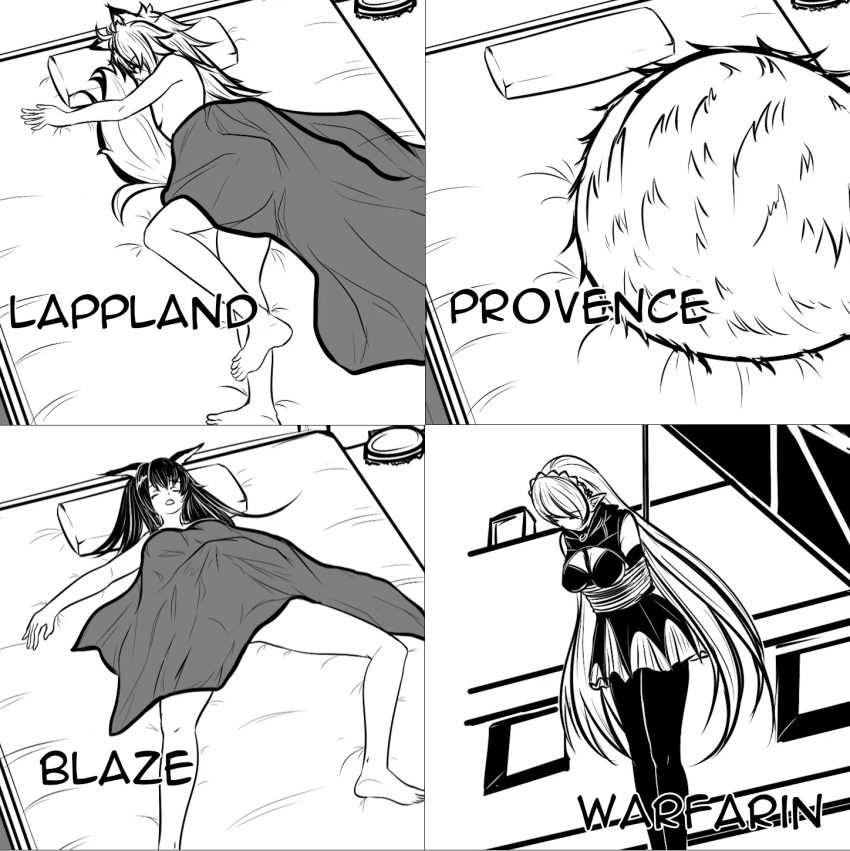 animal_ears arknights barefoot bed bed_sheet bedroom blaze_(arknights) cat_girl character_name closed_eyes commentary english_commentary eyebrows_visible_through_hair fluffy from_above greyscale hanging hard_translated highres lappland_(arknights) long_hair lying monochrome naked_sheet on_back on_side provence_(arknights) salty sleeping spread_legs tail third-party_edit translated under_covers very_long_hair warfarin_(arknights) wolf_girl