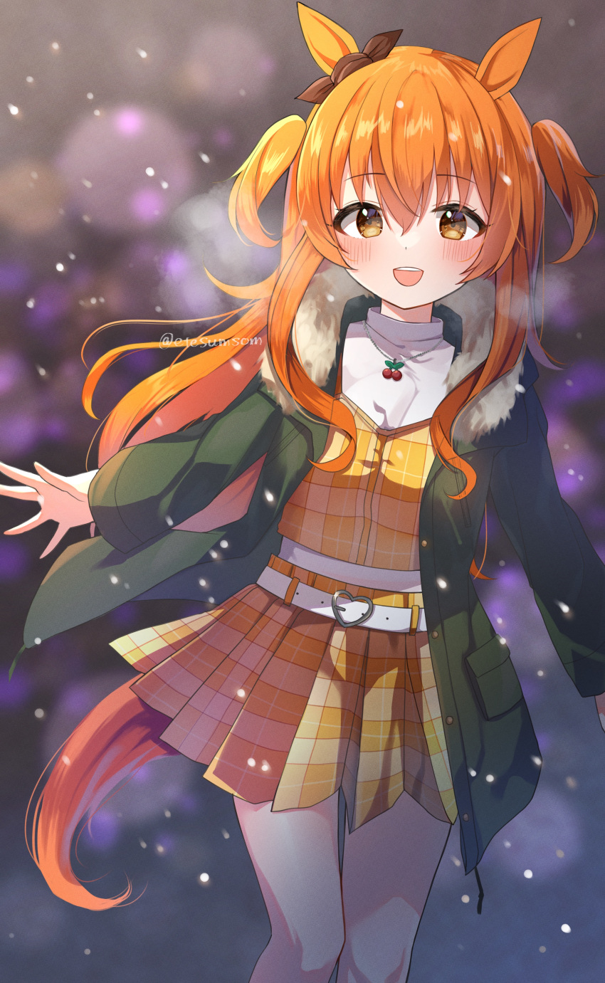 1girl :d absurdres animal_ears blush brown_eyes commentary_request cowboy_shot etesumsom eyebrows_visible_through_hair fur-trimmed_jacket fur_trim highres horse_ears horse_girl horse_tail jacket jewelry long_hair long_sleeves looking_at_viewer mayano_top_gun_(umamusume) necklace orange_hair plaid plaid_skirt pleated_skirt skirt skirt_set smile snowing solo tail twitter_username two_side_up umamusume