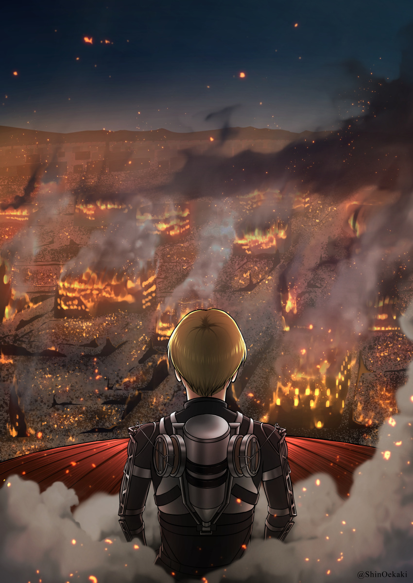 1boy absurdres armin_arlert blonde_hair colossal_titan destruction embers fire from_above from_behind highres looking_away male_focus official_alternate_costume scene_reference shin_oekaki shingeki_no_kyojin smoke solo spoilers three-dimensional_maneuver_gear upper_body