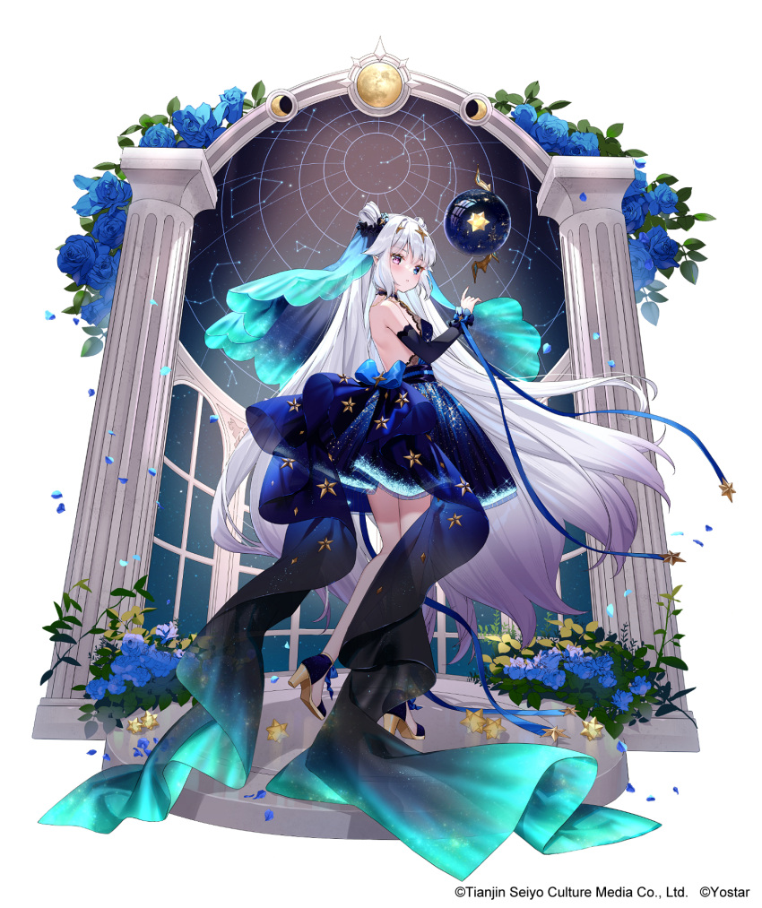1girl backless_dress backless_outfit bare_legs bare_shoulders blue_dress blue_eyes breasts column dress flower from_behind full_body hair_between_eyes hair_rings heterochromia high_heels highres long_hair looking_at_viewer looking_back matveiffe_(revived_witch) medium_breasts official_art pillar pointy_ears revived_witch rosuuri see-through showgirl_skirt silver_hair sleeveless veil very_long_hair violet_eyes