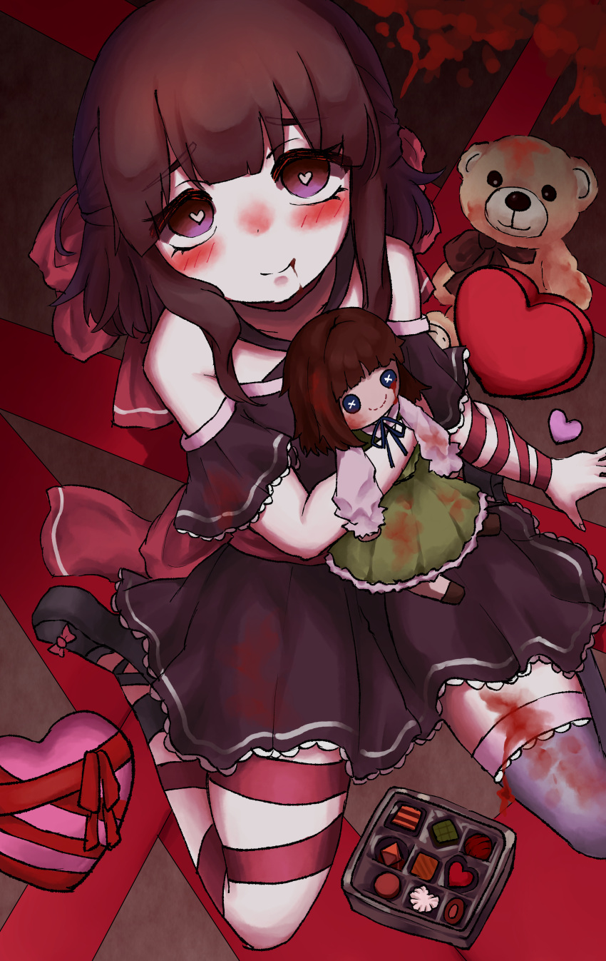 1girl absurdres bangs black_dress blood blush bow brown_hair chocolate choker commission commissioner_upload criss-cross_halter doll dress eating eyebrows_visible_through_hair fallenshadow flat_chest frills grey_legwear hair_bow hair_ribbon halterneck heart heart-shaped_pupils highres holding holding_doll indie_virtual_youtuber looking_at_viewer nogui34 on_floor pink_eyes ribbon saliva short_hair sidelocks single_thighhigh sitting skeb_commission smile solo solo_focus stuffed_animal stuffed_toy symbol-shaped_pupils teddy_bear thigh-highs virtual_youtuber