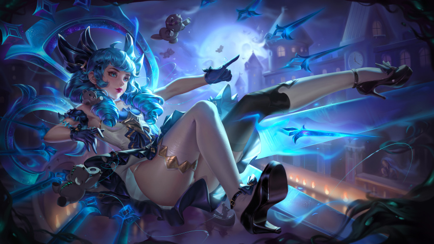 1girl absurdres ahoge aling_(shanatans) ass asymmetrical_legwear bangs bare_shoulders black_bow black_dress black_footwear black_gloves bow building dress drill_hair foot_up footwear_bow from_side gloves gwen_(league_of_legends) hair_bow highres holding holding_scissors league_of_legends mismatched_legwear moon night panties pointing scissors shoes solo stuffed_animal stuffed_toy teddy_bear thigh-highs twin_drills twintails underwear white_dress white_panties