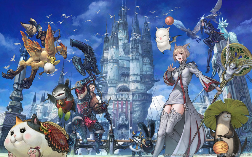 2girls 2others animal_ears armor avatar_(ff14) axe castle cat cat_ears cat_girl cat_tail chocobo coat copyright day dress elezen elf english_commentary fat_cat_(ff14) final_fantasy final_fantasy_xiv flying gauntlets highres holding holding_weapon jumping lalafell long_hair long_sleeves miqo'te moogle multiple_girls multiple_others ninja_(final_fantasy) official_art otter outdoors pale_skin pointy_ears riding roegadyn short_hair sitting staff standing tail warrior_(final_fantasy) weapon white_mage