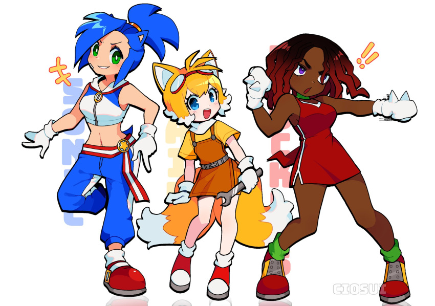 3girls blonde_hair blue_hair ciosuii commentary_request crop_top dark-skinned_female dark_skin dress english_commentary genderswap genderswap_(mtf) gloves goggles goggles_on_head green_eyes grin hairlocs hedgehog_ears highres humanization knuckles_the_echidna long_hair multiple_girls open_mouth ponytail red_dress red_footwear redhead smile sonic_(series) sonic_the_hedgehog tail tails_(sonic) violet_eyes white_background white_gloves wrench