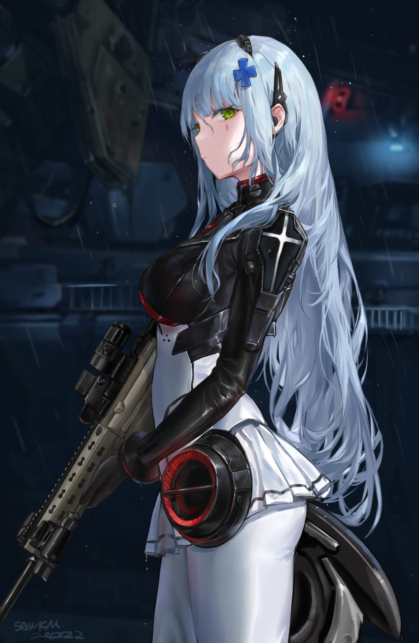 1girl absurdres assault_rifle bangs black_gloves breasts closed_mouth cowboy_shot eyebrows_behind_hair facial_mark from_side girls_frontline gloves green_eyes gun h&amp;k_hk416 headgear highres hk416_(girls'_frontline) holding holding_gun holding_weapon large_breasts long_hair looking_at_viewer looking_to_the_side machinery miniskirt outdoors rain rifle sawkm signature silver_hair skirt solo standing two-tone_bodysuit very_long_hair weapon wet wet_hair white_skirt