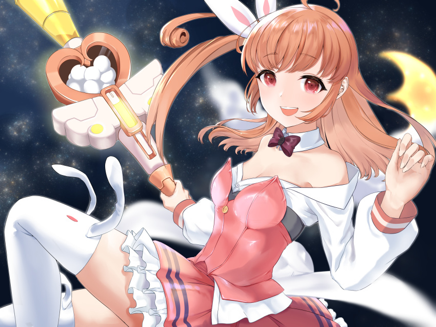 1girl ahoge bangs bare_shoulders blonde_hair blush detached_collar eyebrows_visible_through_hair highres hogemi last_origin looking_at_viewer magical_girl momo_(last_origin) orange_hair red_eyes sky smile solo staff star_(sky) starry_sky thigh-highs white_background