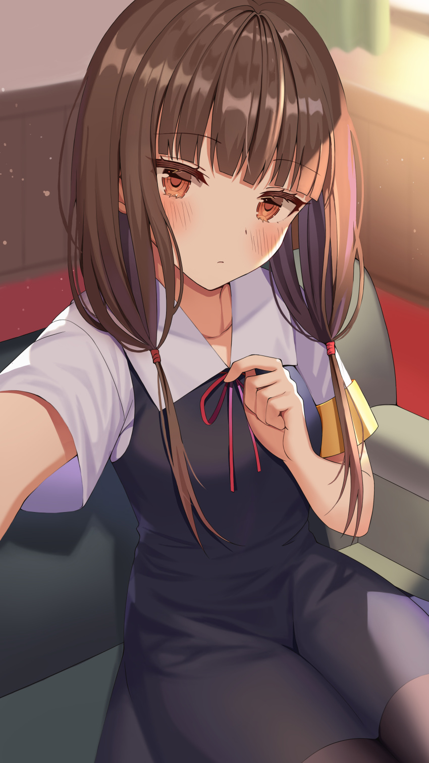 1girl absurdres adjusting_clothes bangs black_dress blunt_bangs blush brown_eyes brown_hair closed_mouth collarbone couch cowboy_shot day dress expressionless eyebrows_visible_through_hair hand_up highres iino_miko indoors kaguya-sama_wa_kokurasetai_~tensai-tachi_no_renai_zunousen~ light_particles long_hair looking_at_viewer low_twintails outstretched_arm pantyhose red_ribbon ribbon ruins_(rdns3738) school_uniform see-through see-through_dress selfie shiny shiny_hair short_sleeves shuuchiin_academy_uniform sitting solo twintails
