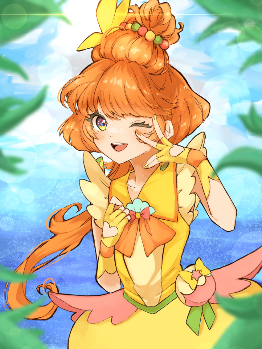 1girl absurdres bag beach brown_hair charuko choker collarbone cowboy_shot cure_papaya dress eyelash_ornament facial_mark fingerless_gloves gloves heart heart_facial_mark heart_in_eye highres ichinose_minori leaf long_hair looking_at_viewer magical_girl ocean one_eye_closed precure sailor_collar solo symbol_in_eye tropical-rouge!_precure water yellow_choker yellow_dress yellow_eyes yellow_gloves yellow_sailor_collar