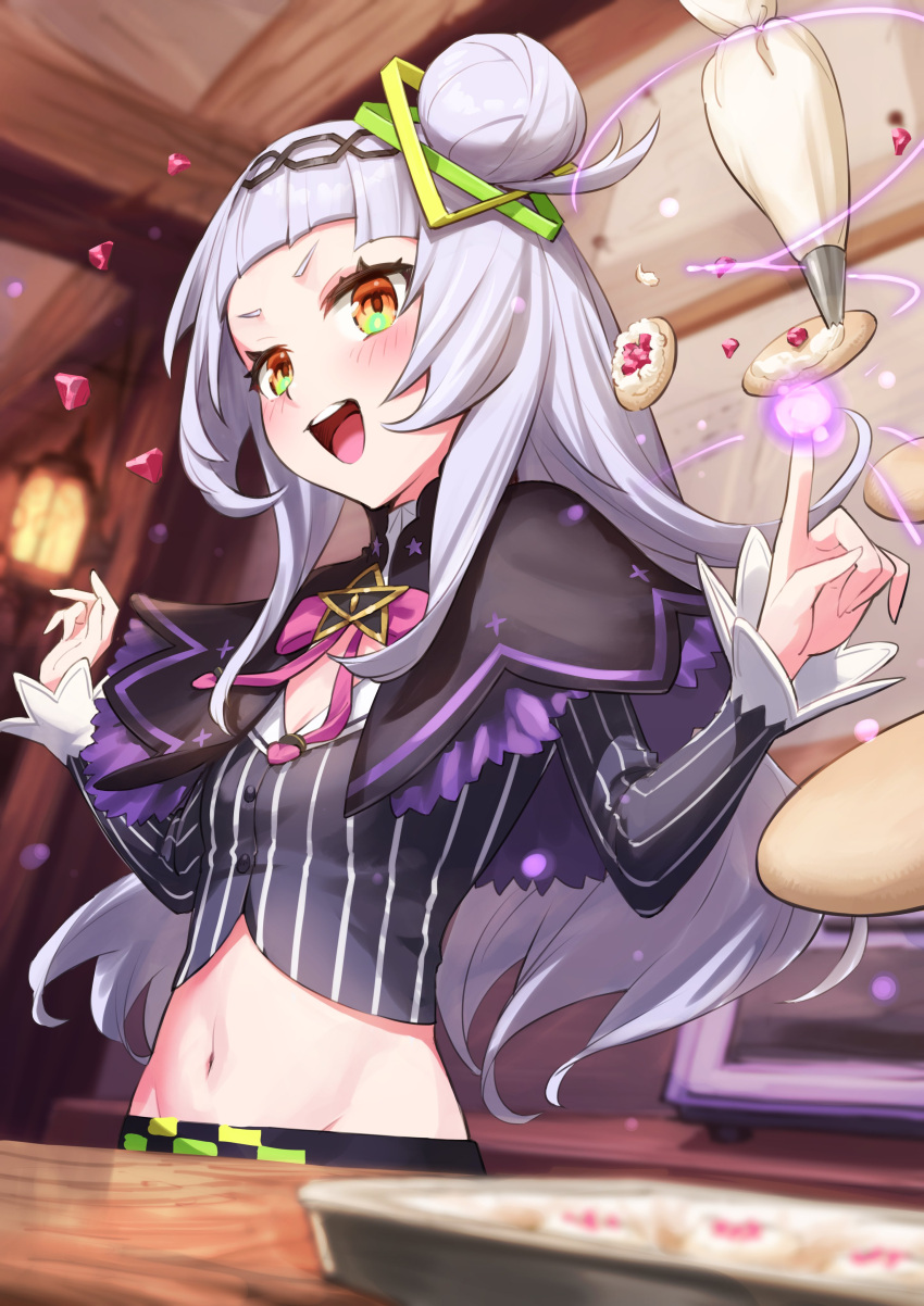 1girl :d absurdres black_capelet black_hairband blush bow bowtie breasts brown_eyes capelet commentary_request crop_top food hair_bun hair_ornament hairband highres hololive long_hair long_sleeves midriff murasaki_shion navel nemoto_yuuma purple_bow purple_bowtie shirt short_eyebrows silver_hair small_breasts smile solo striped striped_shirt telekinesis vertical-striped_shirt vertical_stripes virtual_youtuber
