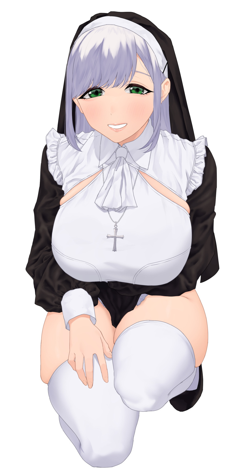 1girl absurdres amane_a_(007_uiro) bangs black_footwear blush breasts cross cross_necklace frills green_eyes grin highres jewelry kneeling long_hair looking_at_viewer necklace nun original purple_hair simple_background smile solo thigh-highs veil white_background white_legwear