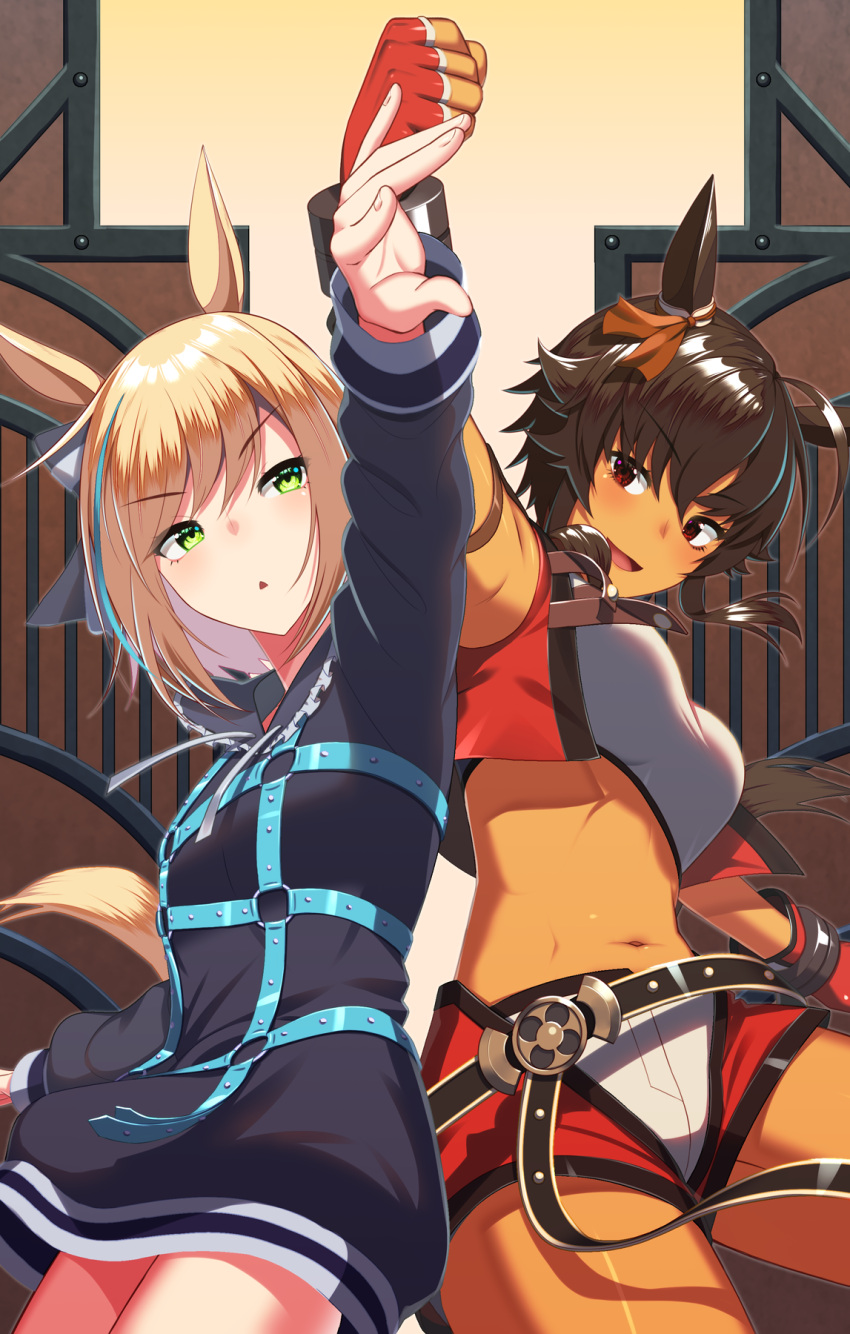 2girls :d animal_ears arm_strap arm_up armpits bangs belt bitter_glasse_(umamusume) black_belt black_hoodie blonde_hair blue_belt blue_hair bow breasts brown_eyes brown_hair clenched_hand commentary_request cowboy_shot crop_top cropped_vest dark-skinned_female dark_skin ear_ornament eyebrows_visible_through_hair fingerless_gloves gloves green_eyes hair_between_eyes hair_bow highres hood hoodie hoodie_dress horse_ears horse_girl horse_tail kuroshiro_(ms-2420) little_cocon_(umamusume) long_sleeves looking_at_viewer medium_breasts midriff multicolored_hair multiple_girls navel o-ring open_clothes open_mouth open_vest red_gloves red_vest shirt short_hair short_hair_with_long_locks short_shorts shorts sidelocks sleeveless sleeveless_shirt small_breasts smile streaked_hair swept_bangs tail triangle_mouth umamusume vest white_shirt white_shorts
