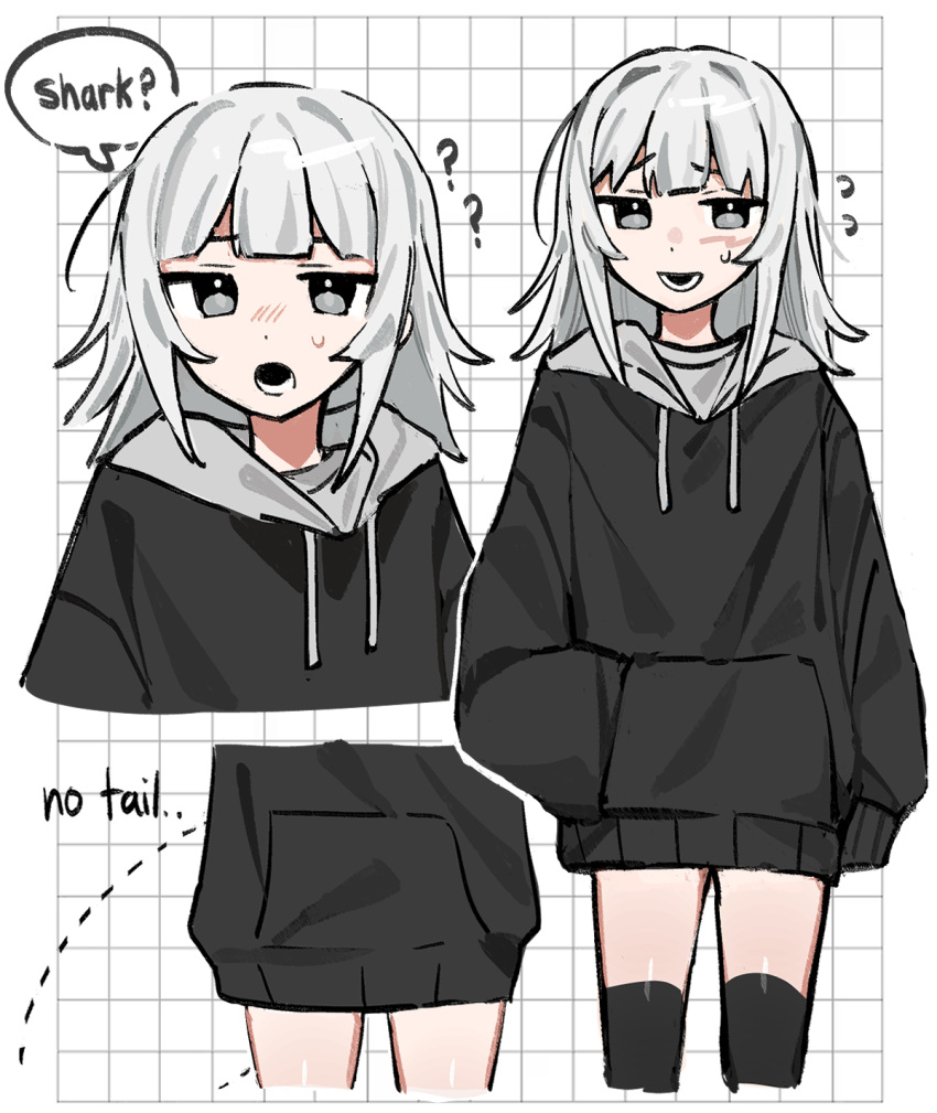 1girl :d :o ? alternate_costume alternate_hair_color black_hoodie black_thighhighs blunt_bangs commentary cowboy_shot cropped_torso drawstring emne english_commentary english_text gawr_gura grey_eyes grey_hair hand_in_pocket highres hololive hololive_english hood hood_down hoodie jitome long_hair looking_at_viewer multiple_views smile straight-on thigh-highs white_background