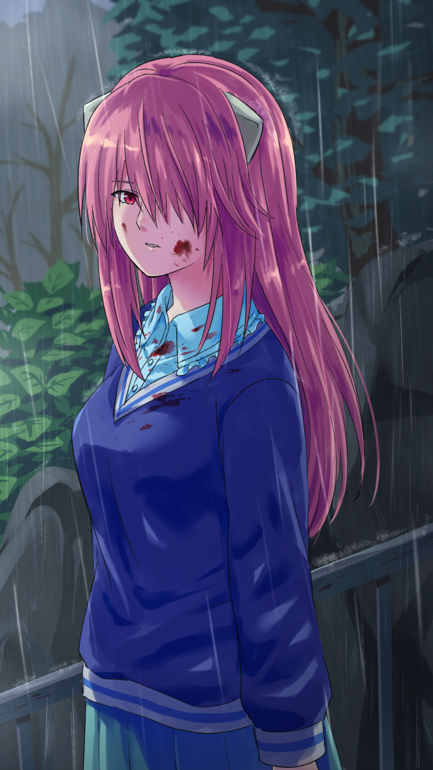 1girl blood blood_on_clothes blood_on_face blue_shirt blue_skirt blue_sweater collared_shirt dress_shirt elfen_lied frilled_shirt frills hair_over_one_eye highres long_hair long_sleeves lucy_(elfen_lied) motinoki outdoors parted_lips pink_hair pleated_skirt rain red_eyes shiny shiny_hair shirt skirt solo standing straight_hair sweater wing_collar