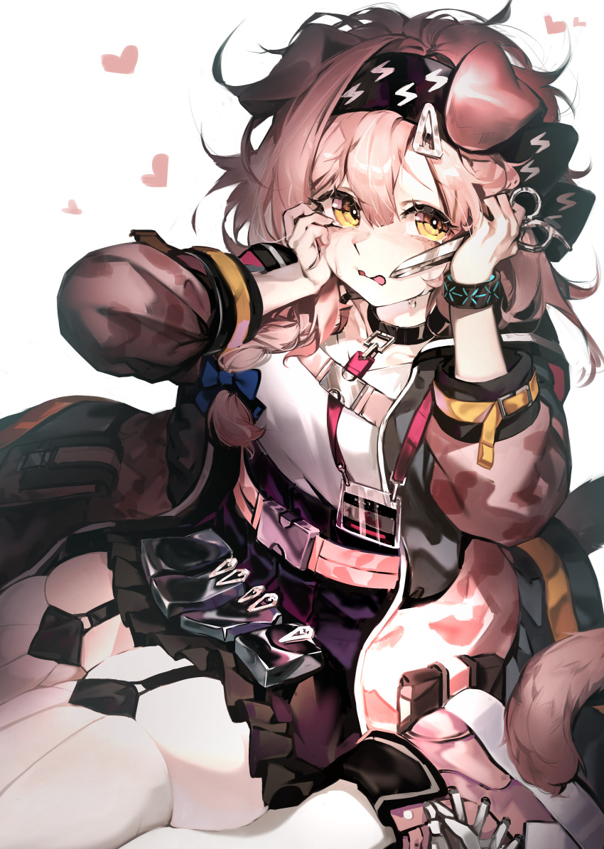 1girl absurdres animal_ears arknights belt black_bow black_hairband black_skirt blue_bow bow braid bright_pupils cat_ears cat_girl cat_tail coat collar crying crying_with_eyes_open frilled_skirt frills goldenglow_(arknights) hair_bow hairband high-waist_skirt highres holding holding_scissors id_card libiadan lightning_bolt_print long_hair long_sleeves looking_at_viewer open_clothes open_coat open_mouth pink_coat pink_footwear scissors shirt shoes side_braid simple_background sitting skindentation skirt sneakers solo streaming_tears tail tears thigh-highs wariza white_background white_legwear white_shirt yellow_eyes zettai_ryouiki