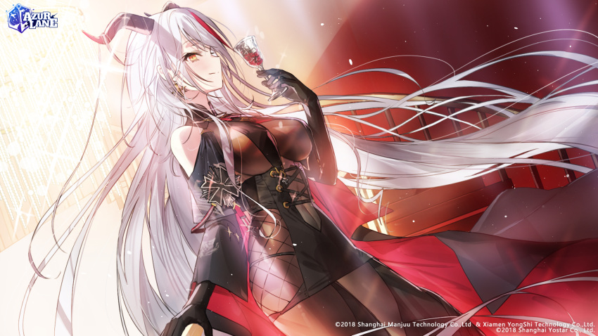 1girl aegir_(azur_lane) alcohol azur_lane bangs bare_shoulders black_dress blush bodysuit breast_curtains breasts cape closed_mouth clothing_cutout commentary copyright_name cup dress earrings elbow_gloves gloves hand_up highres holding horns jewelry large_breasts logo loincloth long_hair multicolored_hair redhead short_dress shoulder_cutout silver_hair simple_background skin_tight smile two-tone_hair wattaro wine yellow_eyes