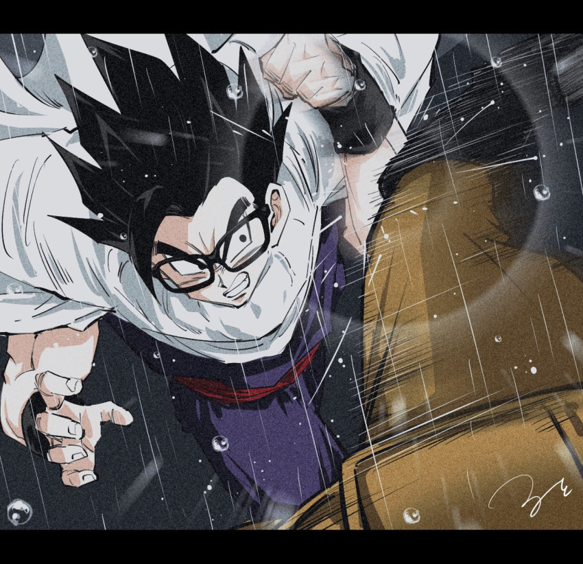 2boys battle black_footwear black_hair black_wristband boots brown_jacket brown_pants cape clenched_hand clenched_teeth commentary_request dougi dragon_ball dragon_ball_super dragon_ball_super_super_hero fighting gamma_1 glasses jacket kicking letterboxed looking_at_another male_focus motion_lines multiple_boys pants pov purple_pants purple_shirt rain red_sash ruto830 sash serious shirt signature son_gohan spiky_hair teeth white_cape wristband