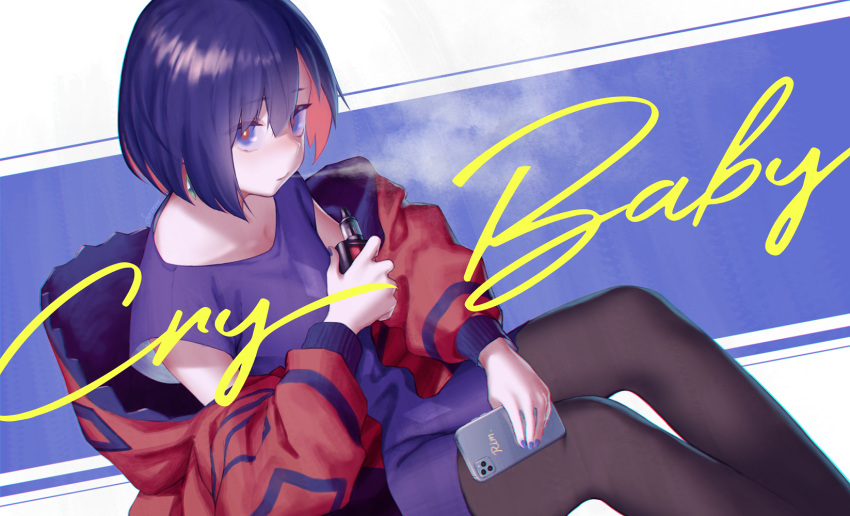 1girl black_legwear blue_background blue_eyes blue_hair blue_shirt cellphone chromatic_aberration closed_mouth colored_inner_hair commentary_request cursive electronic_cigarette english_text feet_out_of_frame fuurin_sou highres holding holding_phone jacket kamitsubaki_studio long_sleeves looking_at_viewer multicolored_eyes multicolored_hair off_shoulder pantyhose phone red_eyes red_jacket redhead rim_(kamitsubaki_studio) shirt sitting sleeveless sleeveless_shirt smartphone solo virtual_youtuber white_background yellow_pupils