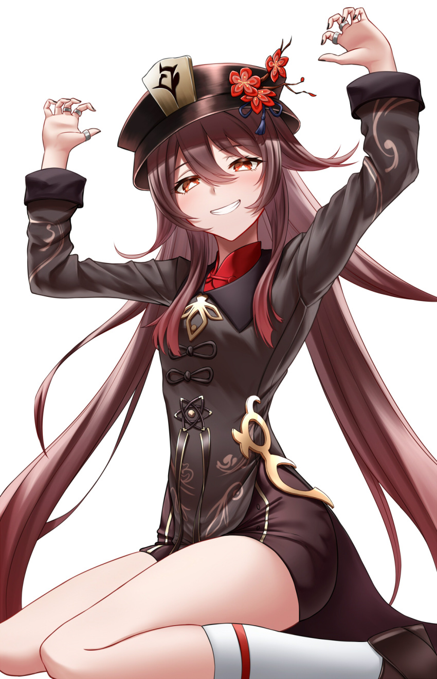 1girl arms_up bangs black_jacket black_shorts brown_hair chinese_clothes eyebrows_visible_through_hair flower genshin_impact ghost_pose gradient_hair grey_background grin hair_between_eyes hat hat_flower highres hu_tao_(genshin_impact) jacket jewelry kneehighs long_hair looking_at_viewer multicolored_hair multiple_rings naga_(pixiv70891418) plum_blossoms porkpie_hat red_eyes red_shirt redhead ring shirt shorts simple_background sitting smile solo symbol-shaped_pupils teeth thighs twintails very_long_hair wariza