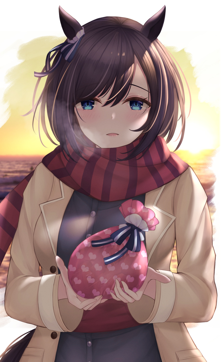 1girl absurdres animal_ears bag bangs black_hair blue_ribbon blush bob_cut breath coat collar commentary_request ear_ribbon eishin_flash_(umamusume) heart highres holding holding_bag horse_ears horse_girl kazama_ran looking_at_viewer open_clothes open_coat parted_lips red_scarf ribbon scarf short_hair solo swept_bangs umamusume upper_body valentine white_collar winter_clothes