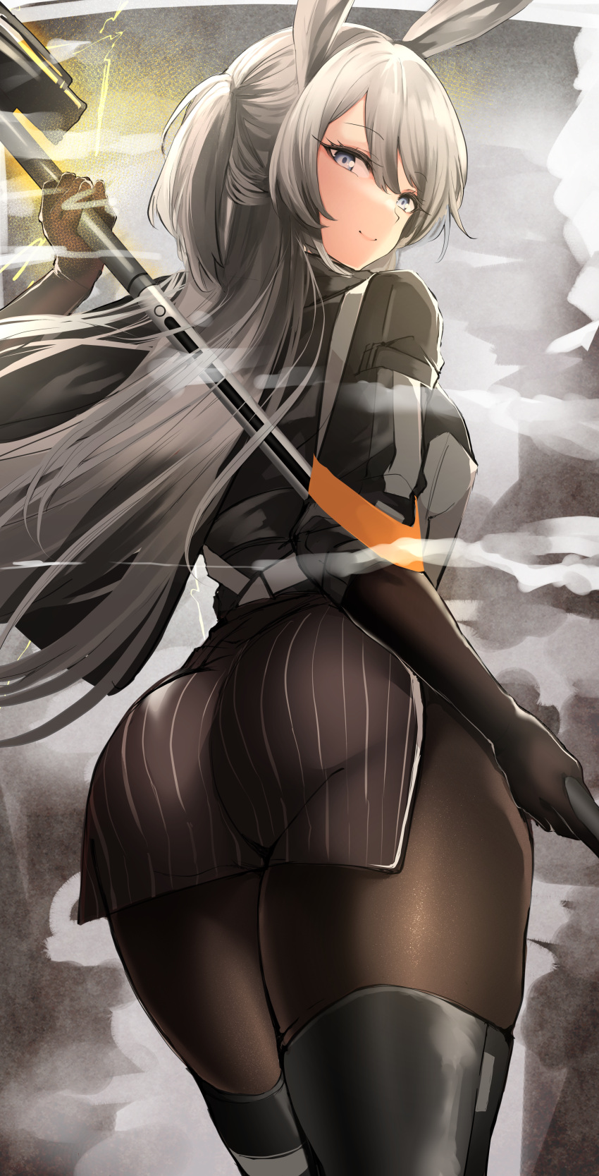 1girl absurdres agetama animal_ears arknights ass bangs black_footwear black_gloves black_legwear black_skirt blue_eyes boots closed_mouth elbow_gloves from_behind gloves highres looking_at_viewer looking_back pantyhose rabbit_ears rabbit_girl savage_(arknights) silver_hair skirt smile solo thigh-highs thigh_boots thighs