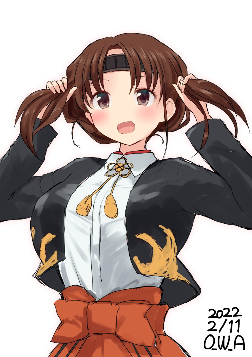 1girl alternate_hairstyle artist_name blouse blue_jacket brown_eyes brown_hair chiyoda_(kancolle) commentary_request dated headband highres holding holding_hair jacket kantai_collection medium_hair one-hour_drawing_challenge owa_(ishtail) simple_background solo twintails upper_body white_background