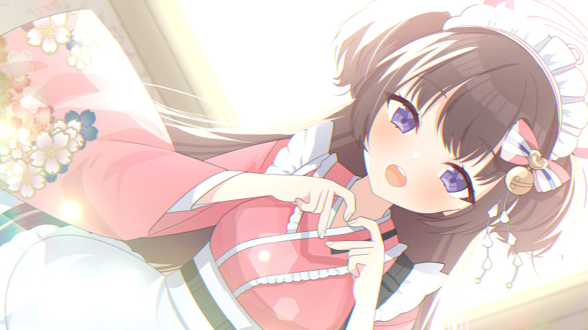 1girl absurdres apron backlighting bad_id bad_twitter_id bangs bell bloom blue_archive bow brown_hair cowboy_shot dutch_angle eyebrows_visible_through_hair frilled_apron frilled_kimono frills hair_bell hair_bow hair_ornament halo happy heart heart_hands highres japanese_clothes kaerunrun kimono lens_flare light_blush long_hair long_sleeves looking_at_viewer maid_headdress open_mouth pink_kimono shizuko_(blue_archive) solo sunlight two_side_up very_long_hair violet_eyes wa_maid waist_apron white_apron wide_sleeves
