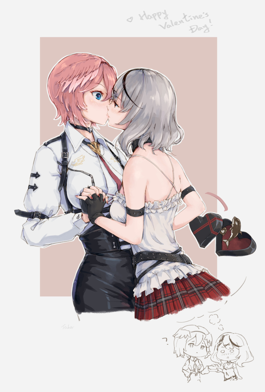 2girls ? absurdres bare_shoulders black_gloves black_hair blue_eyes blush box chocolate collared_shirt commentary english_commentary english_text fingerless_gloves fisher gloves grey_hair happy_valentine head_wings heart-shaped_box highres hololive kiss long_sleeves multicolored_hair multiple_girls orca pink_hair red_eyes red_nails sakamata_chloe shirt signature takane_lui thought_bubble upper_body valentine virtual_youtuber yuri