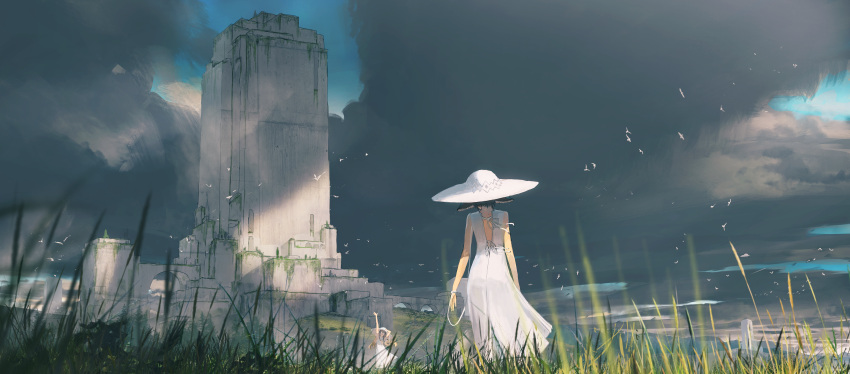 2girls absurdres animal_ears arm_up bandages bandages_over_eyes bangs bird black_hair blonde_hair clouds cloudy_sky contrapposto dark_clouds day dress fantasy from_behind grass hand_on_headwear hat highres long_hair multiple_girls open_mouth original outdoors rium_(tokiki_(tomok1)) ruins sana_(tokiki_(tomok1)) scenery short_hair sky sleeveless sleeveless_dress standing sun_hat sundress tokiki_(tomok1) white_dress white_headwear