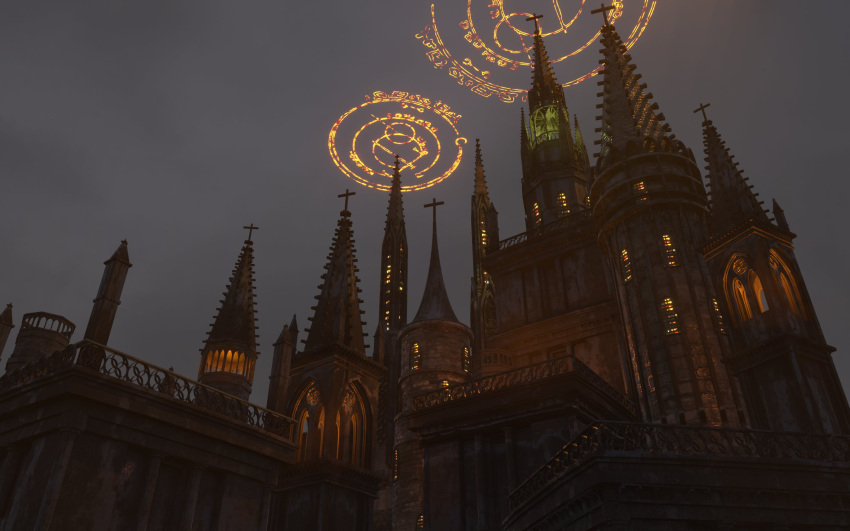 architecture building castle gothic_architecture h1r6 highres magic_circle night no_humans original scenery spire tower