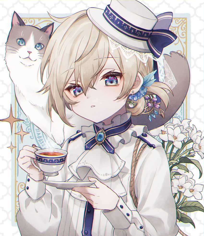 1boy animal_on_shoulder blue_eyes bow brown_hair cat cat_on_shoulder cup earrings flower gem hat hat_bow highres holding holding_cup jewelry kodona lace lily_(flower) long_sleeves looking_at_viewer male_focus namiki_itsuki open_mouth original sapphire_(gemstone) solo teacup upper_body white_flower