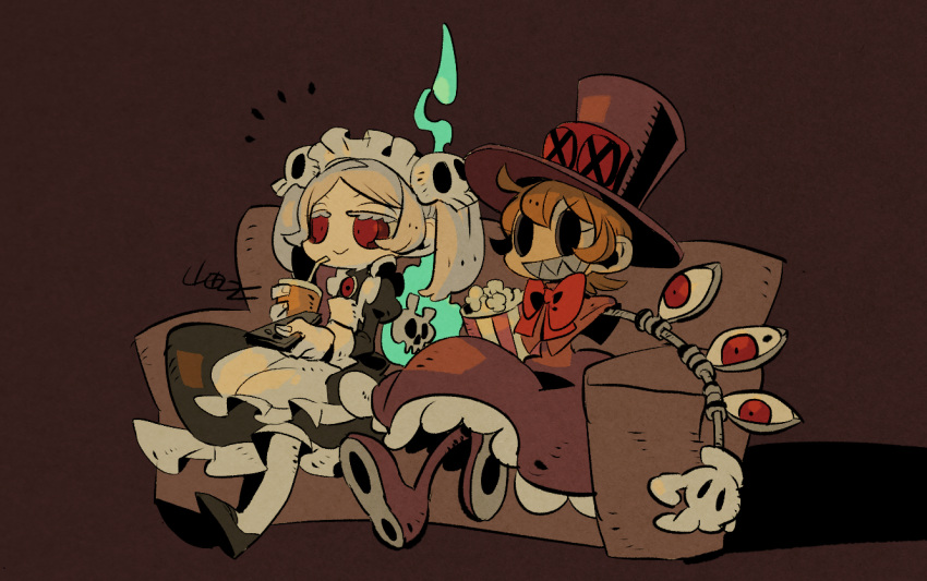2girls :&gt; apron artist_name bangs black_dress black_footwear bloody_marie_(skullgirls) bow bowtie colored_sclera controller couch cup disposable_cup dress food full_body gloves grin hair_ornament hat holding holding_remote_control hollow_eyes juliet_sleeves long_sleeves maid_headdress multiple_girls on_couch orange_hair pantyhose peacock_(skullgirls) popcorn puffy_sleeves red_bow red_bowtie red_dress red_eyes red_sclera remote_control sharp_teeth shoes simple_background sitting skull skull-shaped_pupils skull_hair_ornament skullgirls smile symbol-shaped_pupils teeth top_hat twintails white_gloves white_hair white_legwear yamada9000